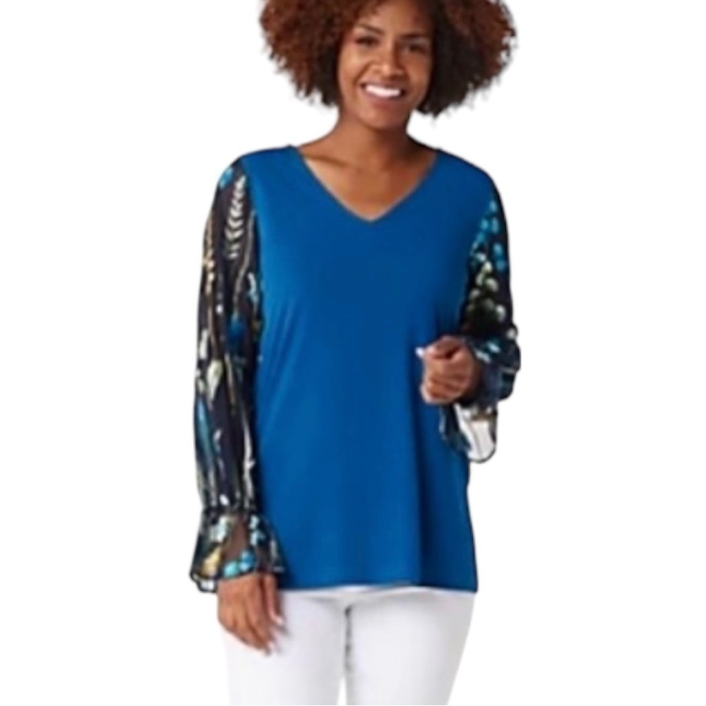New Susan Graver Tunic Embroidered Mesh Sleeves Top New NWOT